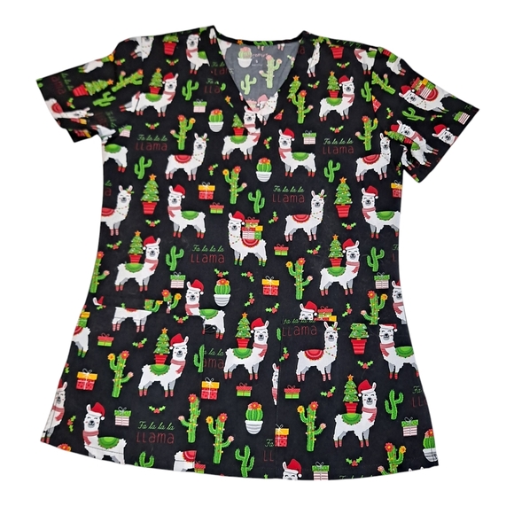 elite Med Performance Scrub Top Womens Microflex Christmas Llama Cactus - Picture 1 of 14
